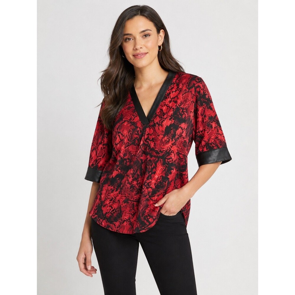 Marc New York Andrew Marc Satin Blouse Womens M Red Black Faux Leather Trim Top